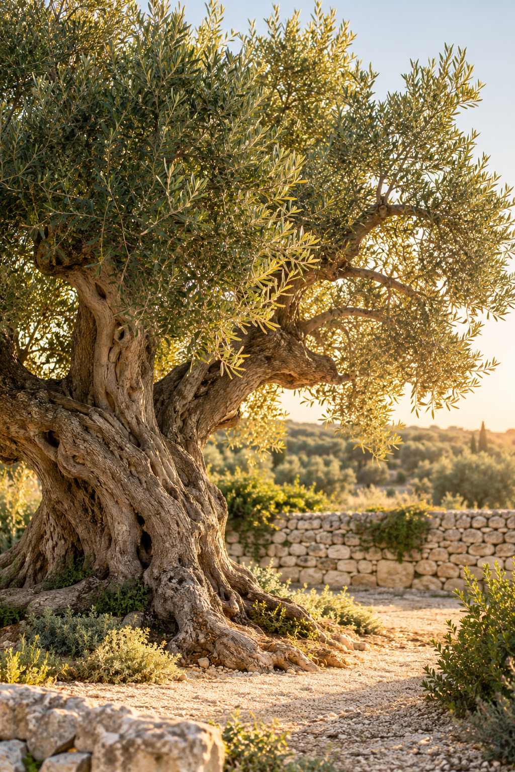 Olijfboom in warm gouden licht, geïnspireerd op Salento